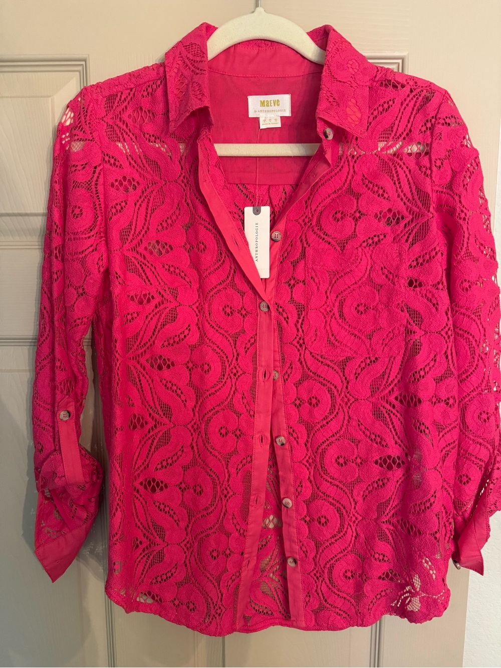 Maeve Bright Pink Lace Button-Down Shirt- original price  $120 - NWT